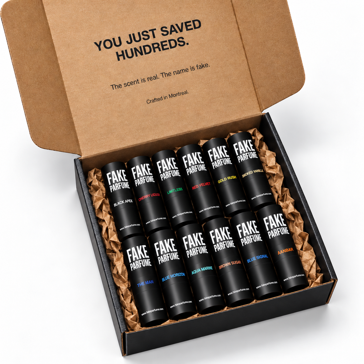 Fake Parfume discovery set with 12 men's and unisex 5 ml perfume samples arranged in a black box with brown kraft paper