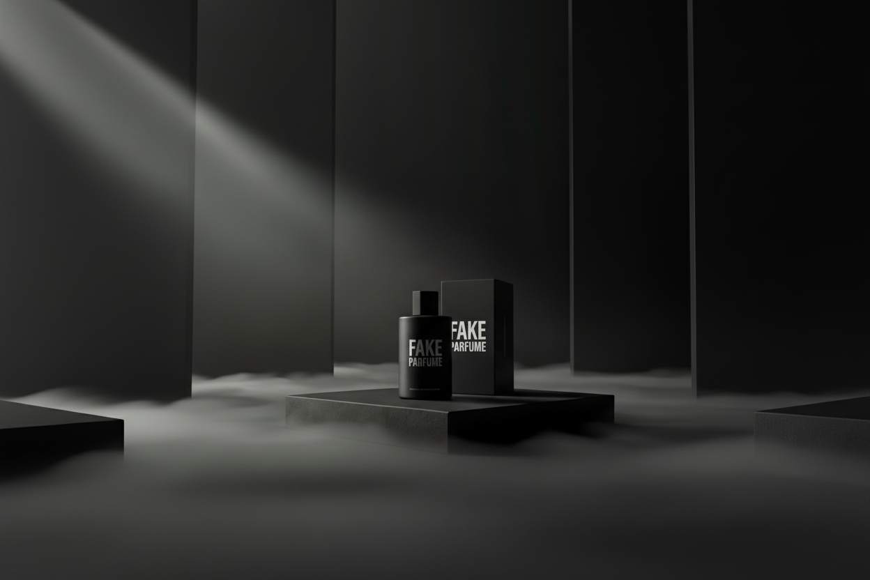 Two black 'FAKE PARFUM' bottles on a dark platform with a dark background.