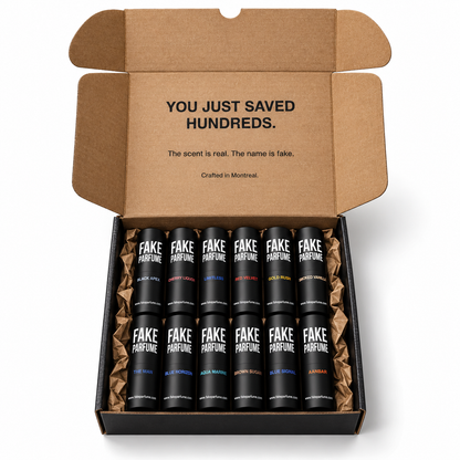 Fake Parfume men's perfume discovery kit with twelve 5 ml black fragrance atomizers in an open black gift box with kraft paper