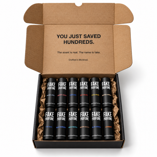 Fake Parfume men's perfume discovery kit with twelve 5 ml black fragrance atomizers in an open black gift box with kraft paper